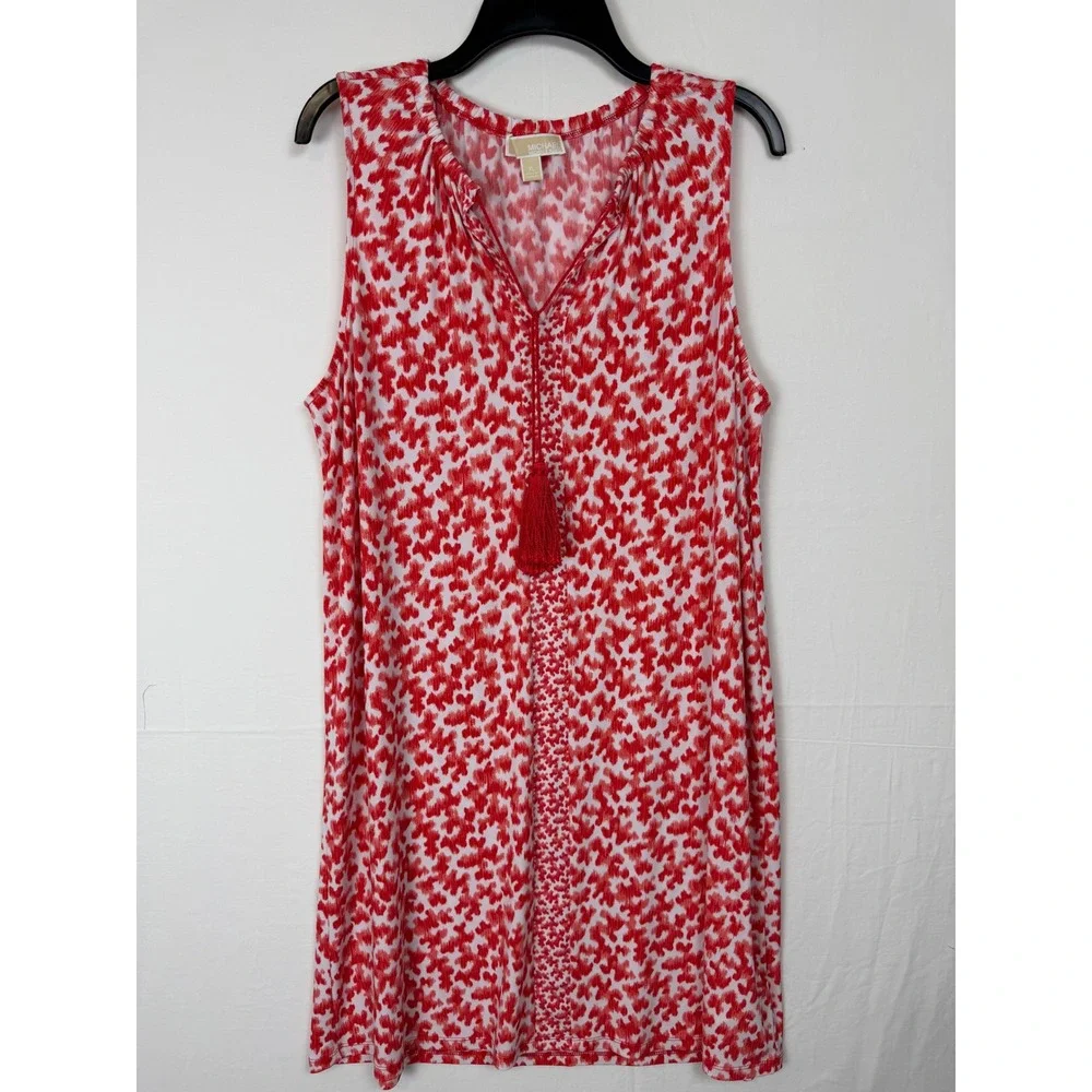 Michael Kors Ikat Heart Print Shift Dress Women XL Red Sleeveless Tassel‎ Tie